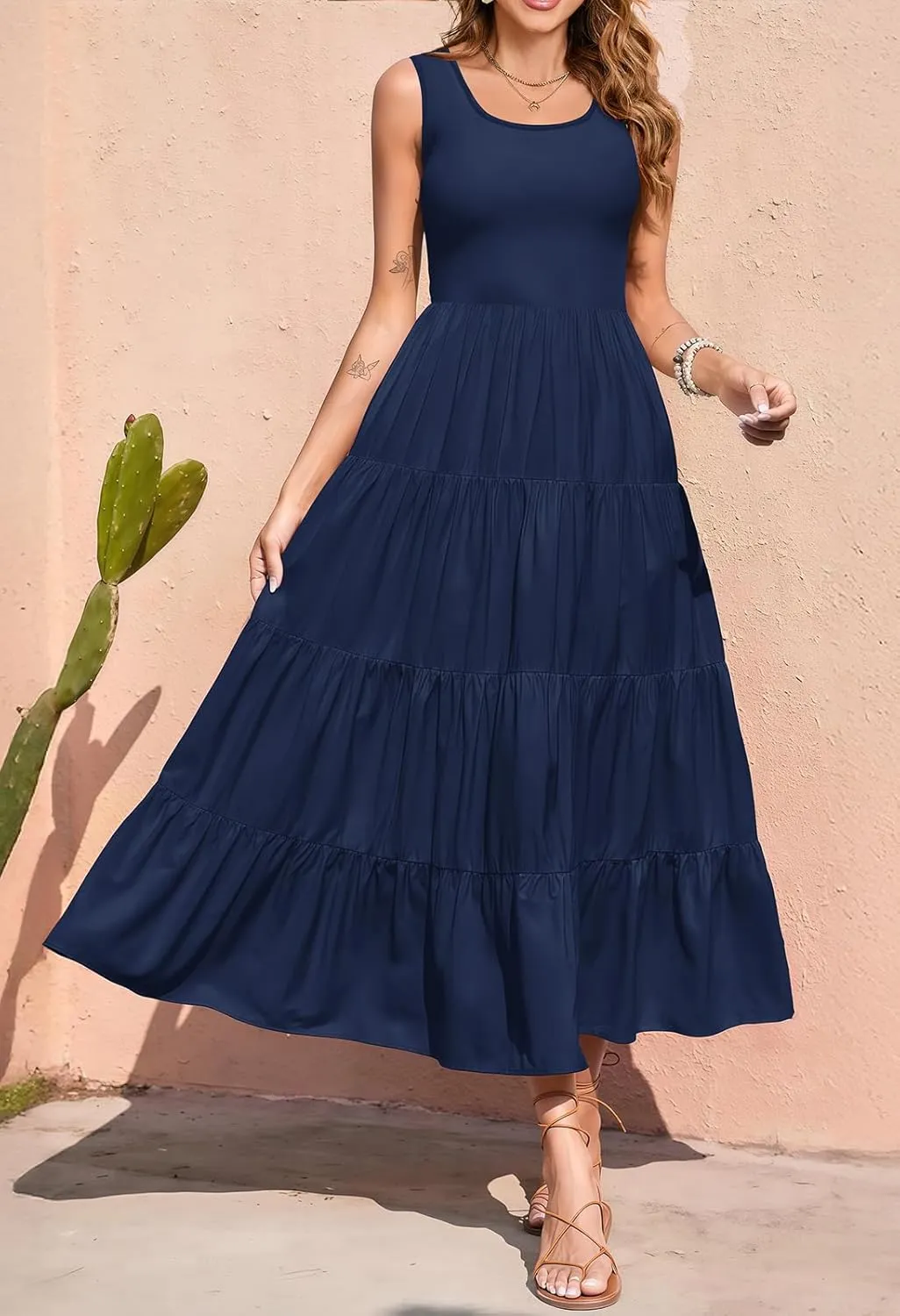 Women's 2025 Casual Loose Plain Maxi Sundress Smocked Tank Dress Sleeveless Summer Beach Tiered Long Dress