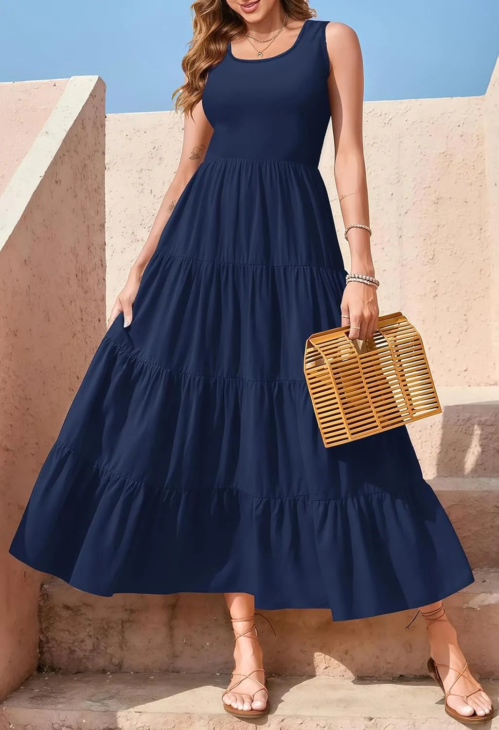 Women's 2025 Casual Loose Plain Maxi Sundress Smocked Tank Dress Sleeveless Summer Beach Tiered Long Dress