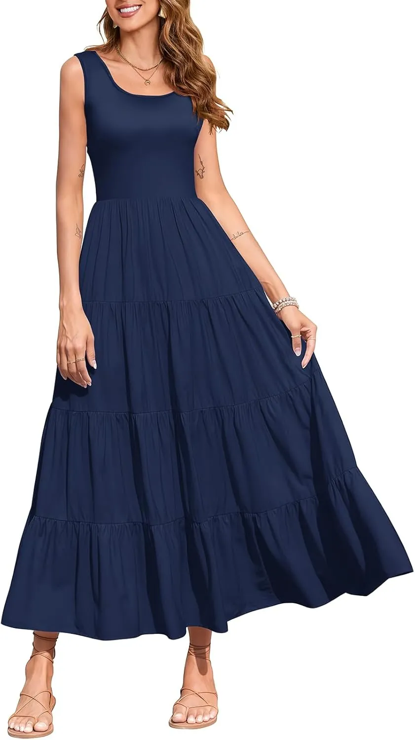 Women's 2025 Casual Loose Plain Maxi Sundress Smocked Tank Dress Sleeveless Summer Beach Tiered Long Dress