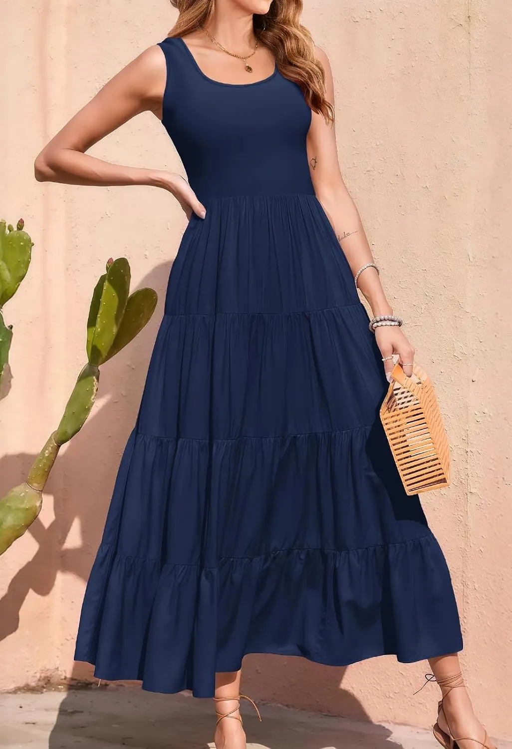 Women's 2025 Casual Loose Plain Maxi Sundress Smocked Tank Dress Sleeveless Summer Beach Tiered Long Dress
