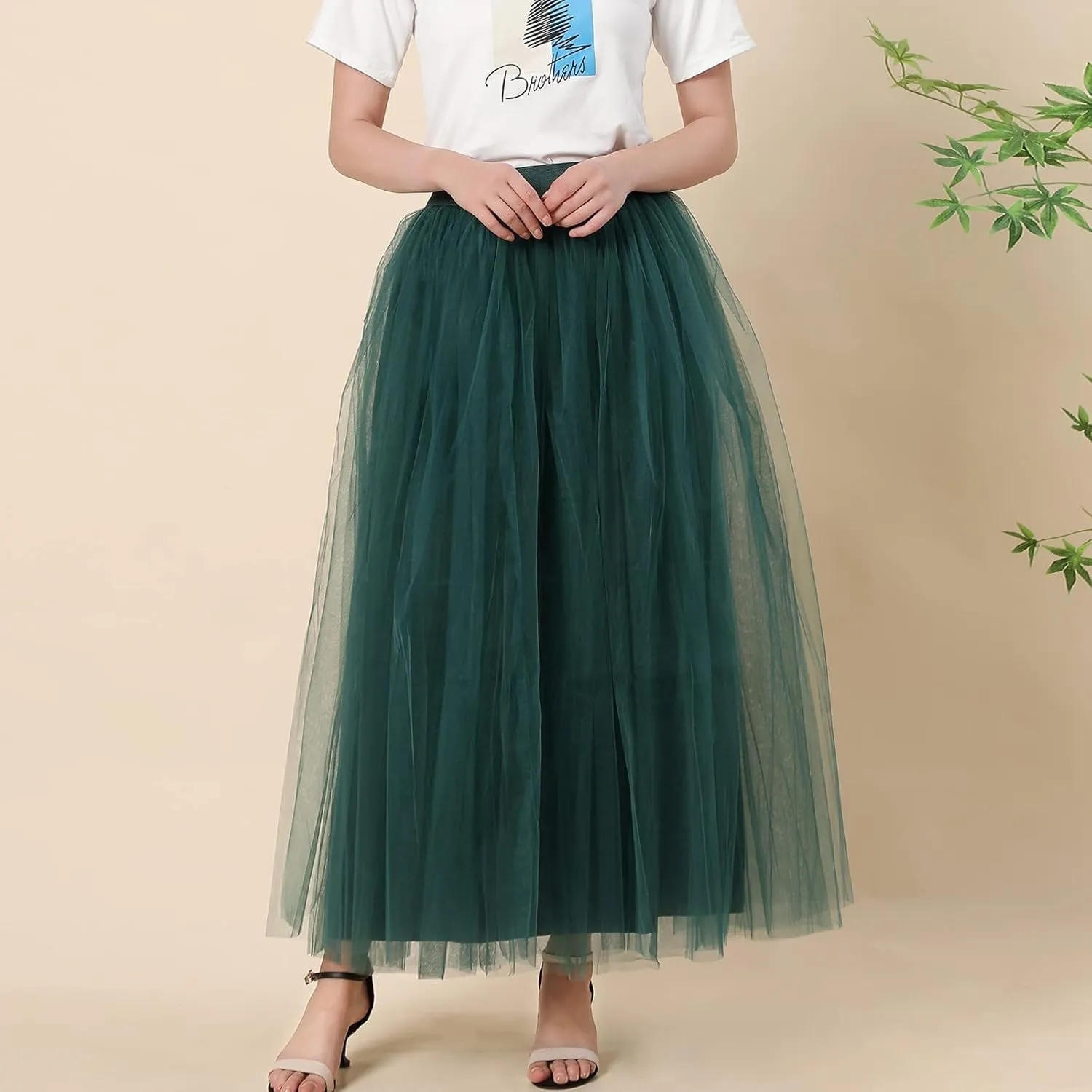 Women's A-Line High Waisted Midi Skirt Womens Long Tulle Skirt Pleated A Line Skirt High Waist Elastic Trendy