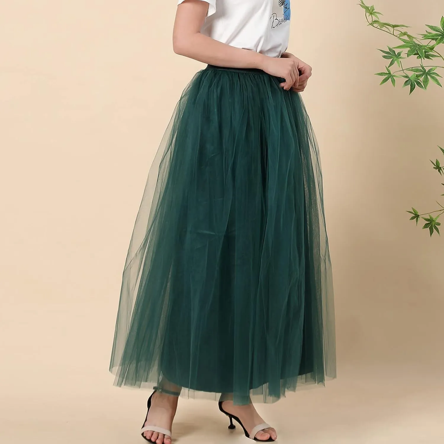 Women's A-Line High Waisted Midi Skirt Womens Long Tulle Skirt Pleated A Line Skirt High Waist Elastic Trendy