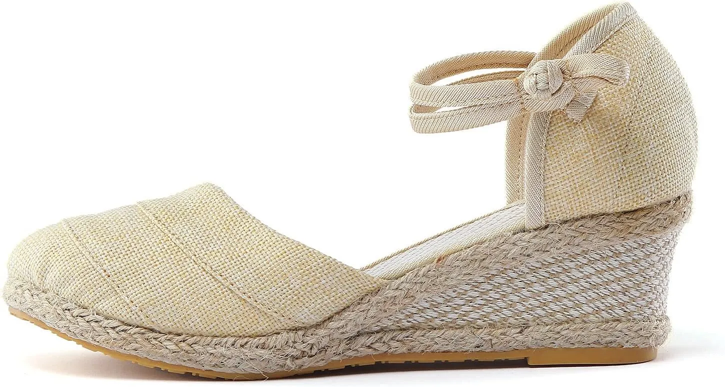 Women's Ankle Buckle Strap Closed Toe Wedge Sandals Summer Casual Espadrilles Wedge Sandals Retro Platform Wide Width Dress Shoes