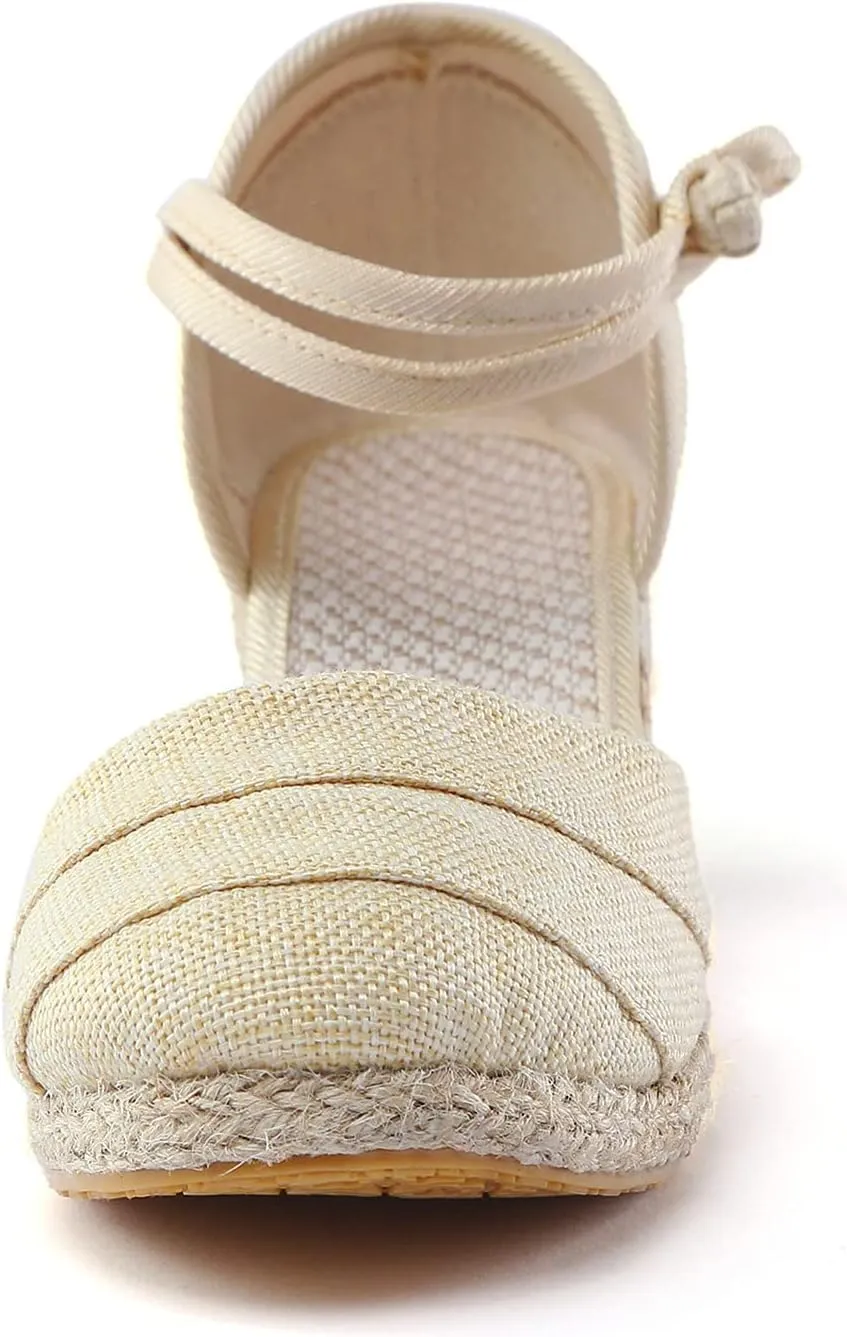 Women's Ankle Buckle Strap Closed Toe Wedge Sandals Summer Casual Espadrilles Wedge Sandals Retro Platform Wide Width Dress Shoes