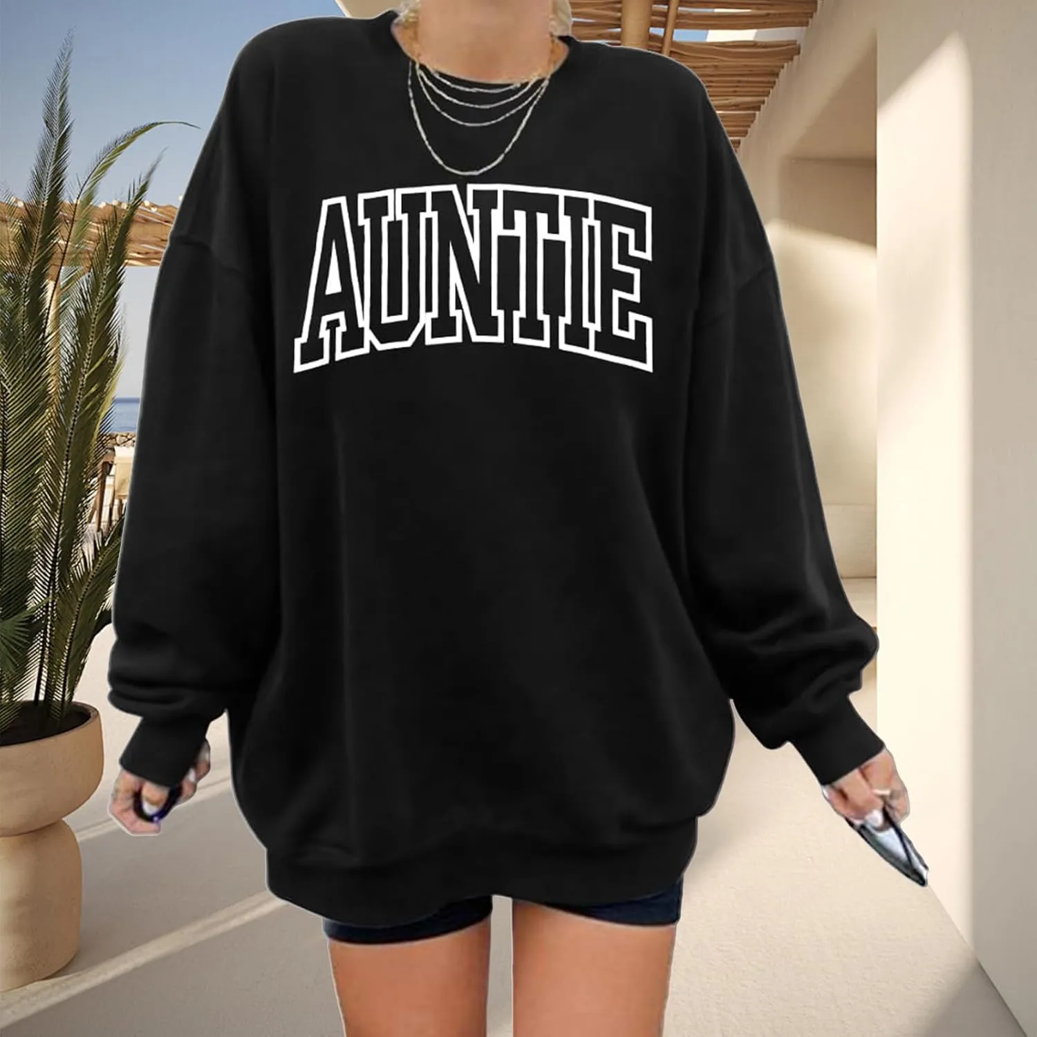 Womens Aunt Sweatshirt Auntie Letter Print Long Sleeve Pullover Top Oversized Cool Aunt Embroidered Crewneck Shirts
