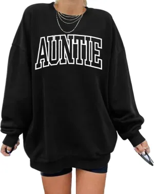Womens Aunt Sweatshirt Auntie Letter Print Long Sleeve Pullover Top Oversized Cool Aunt Embroidered Crewneck Shirts