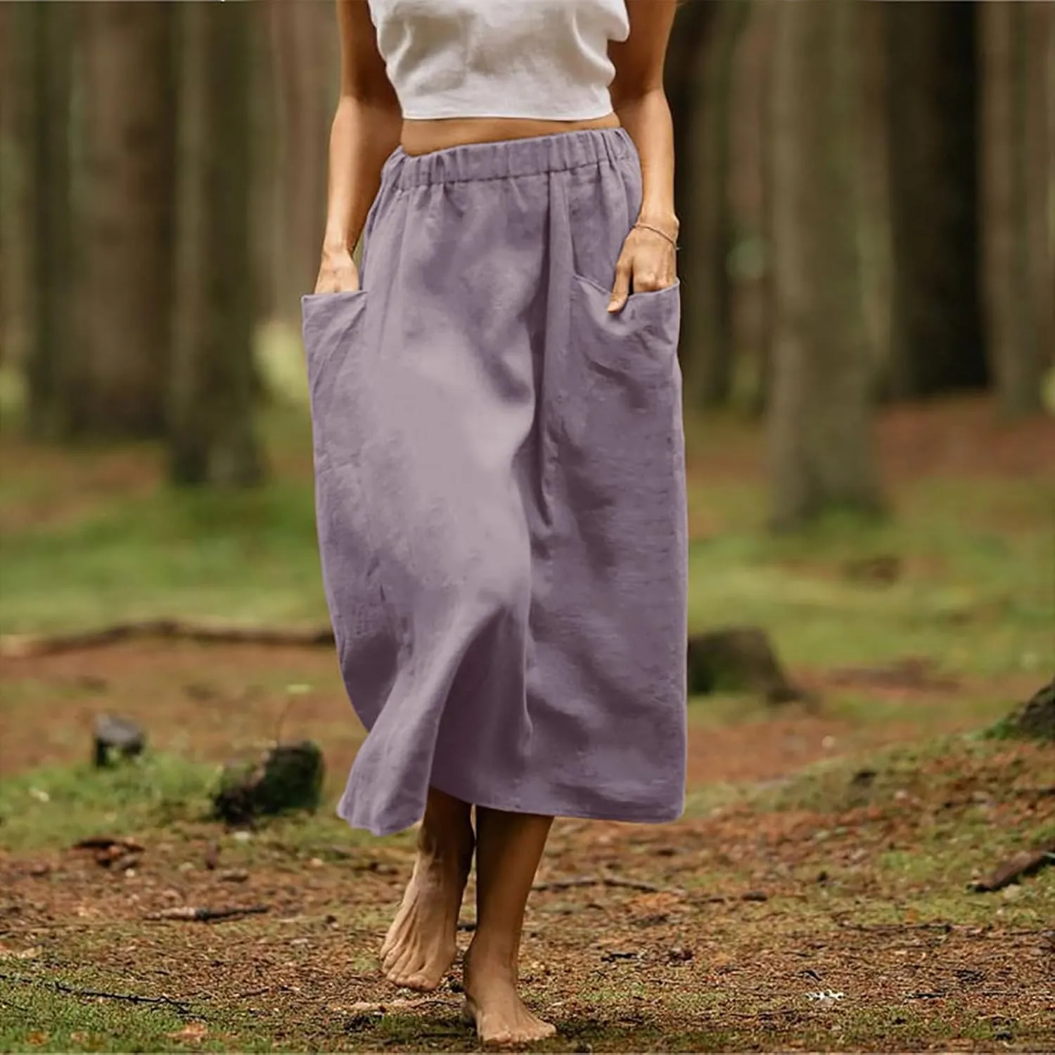 Womens Beach Skirts Summer Comfy Cotton Linen Skirts Basic Solid Color Elastic Waist A-Line Midi Skirts with Pockets