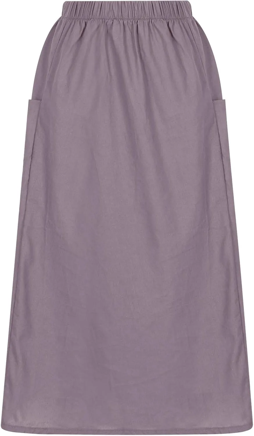Womens Beach Skirts Summer Comfy Cotton Linen Skirts Basic Solid Color Elastic Waist A-Line Midi Skirts with Pockets