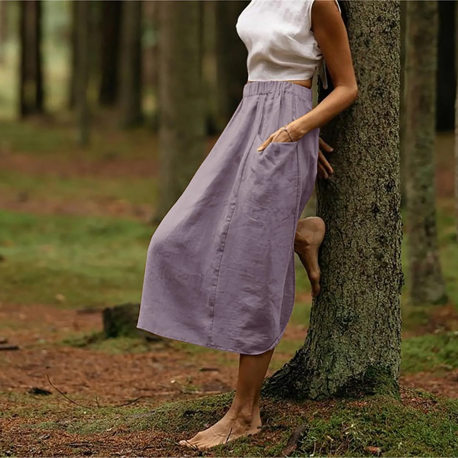 Womens Beach Skirts Summer Comfy Cotton Linen Skirts Basic Solid Color Elastic Waist A-Line Midi Skirts with Pockets