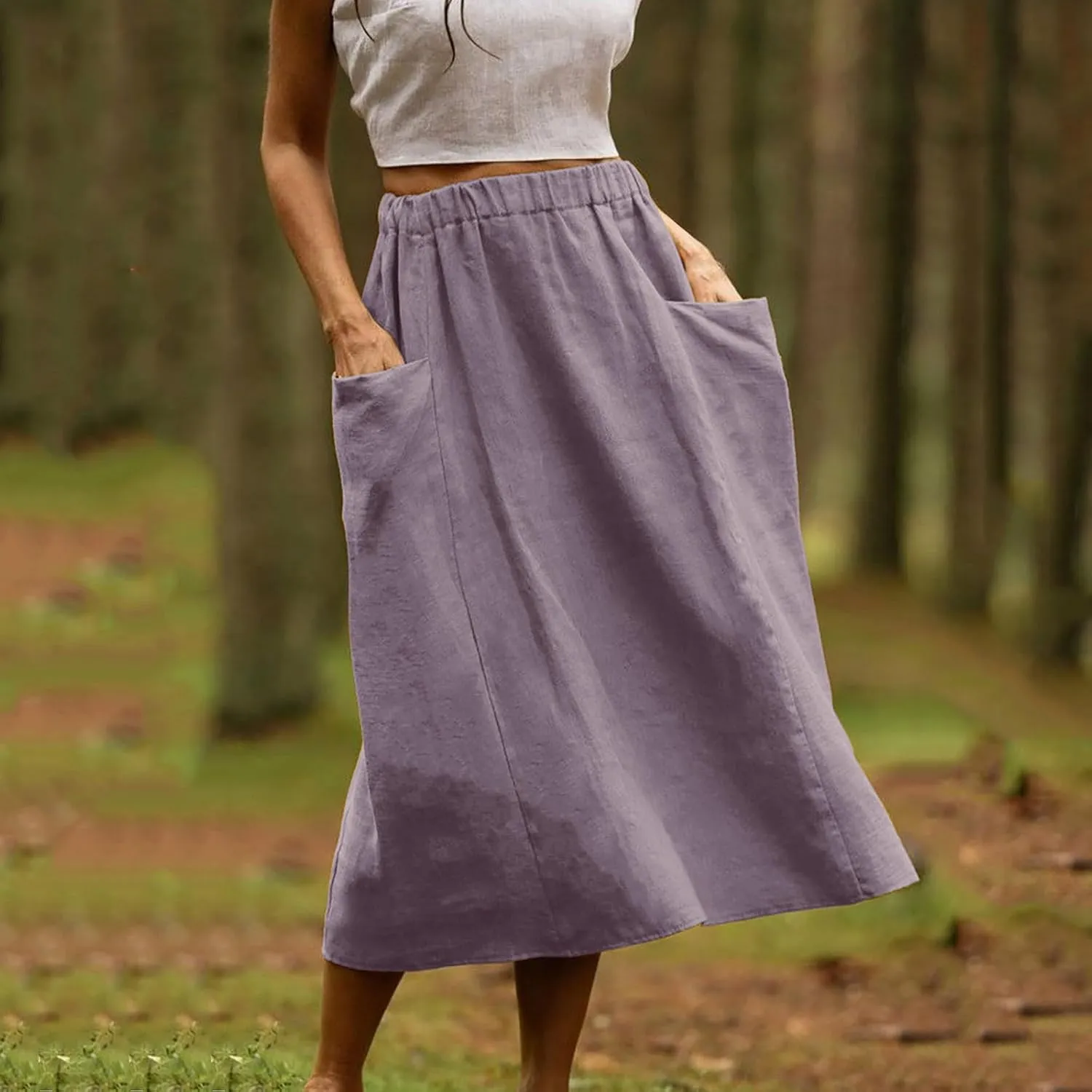 Womens Beach Skirts Summer Comfy Cotton Linen Skirts Basic Solid Color Elastic Waist A-Line Midi Skirts with Pockets