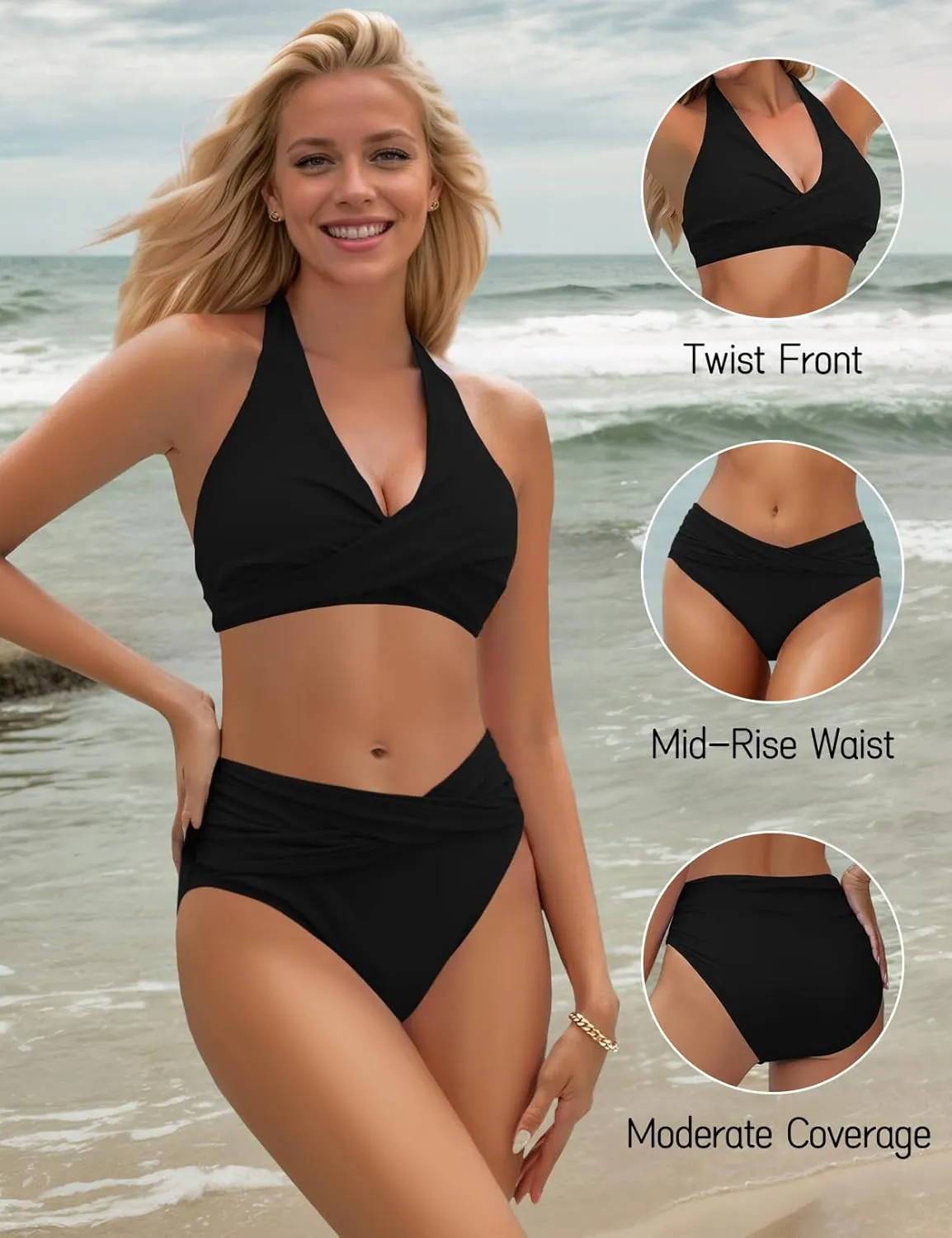 Women's Bikini Sets Twist Front Two Piece Swimsuit Halter Bathing Suit