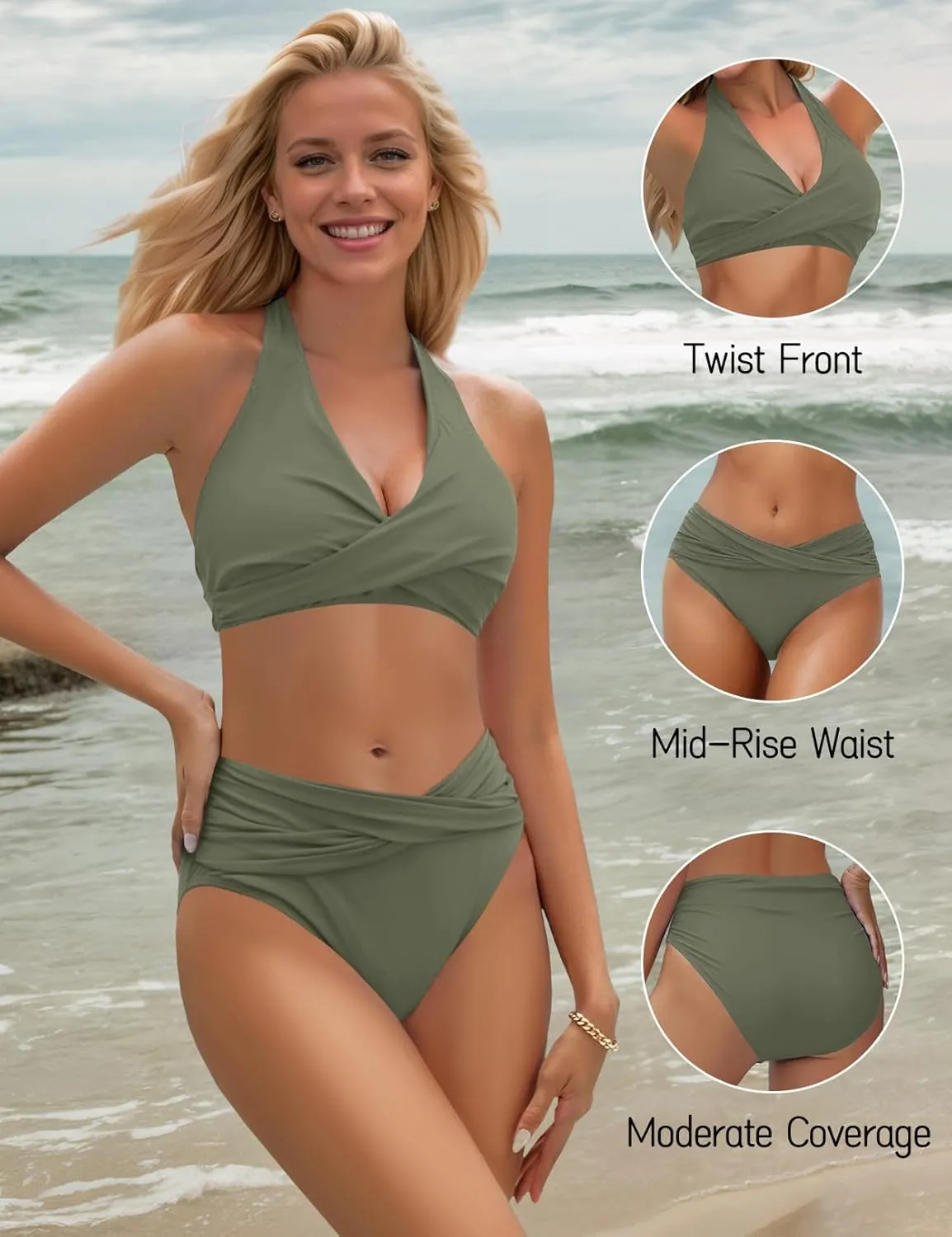 Women's Bikini Sets Twist Front Two Piece Swimsuit Halter Bathing Suit