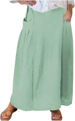 Women's Bohemian Skirts Solid Plus Size Loose Comfy Skirt Casual Dress Skirts High Waist Long Skirt with Pockets
