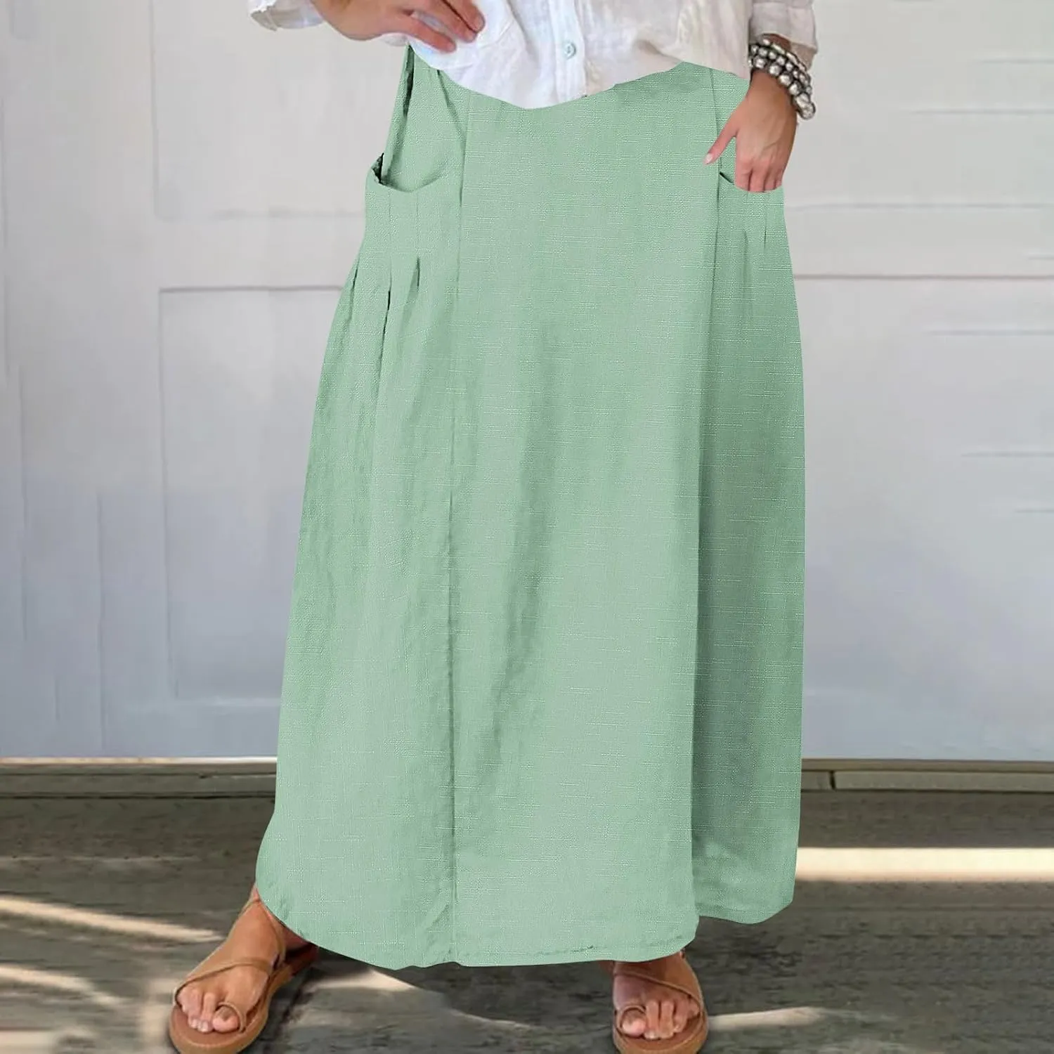 Women's Bohemian Skirts Solid Plus Size Loose Comfy Skirt Casual Dress Skirts High Waist Long Skirt with Pockets