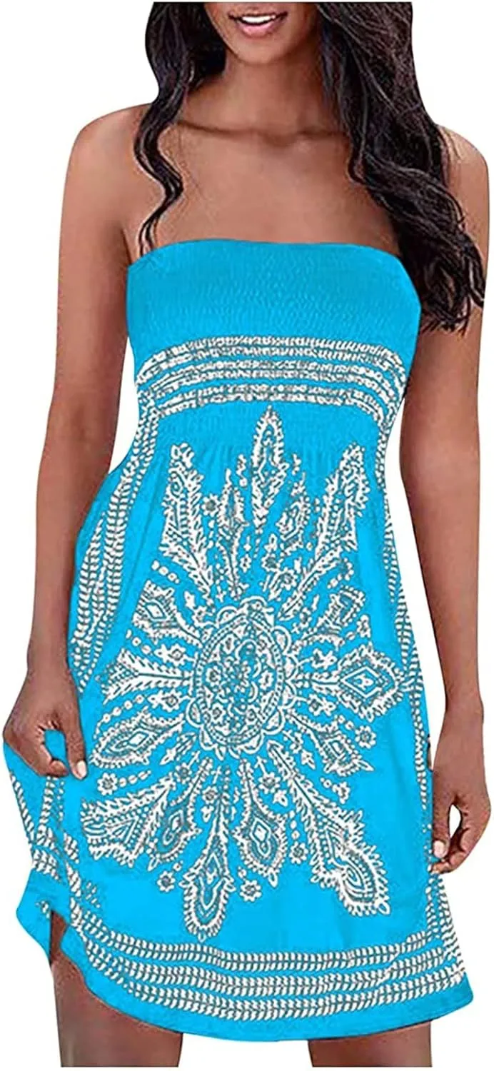 Womens Bohemian Tube Smocked Dress Off Shoulder Strapless Backless Ruffle Floral Beach Mini Dress (Color : Blue, Size : Large)