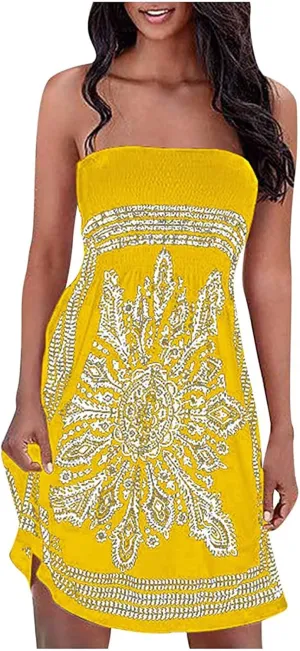 Womens Bohemian Tube Smocked Dress Off Shoulder Strapless Backless Ruffle Floral Beach Mini Dress (Color : Yellow, Size : Large)