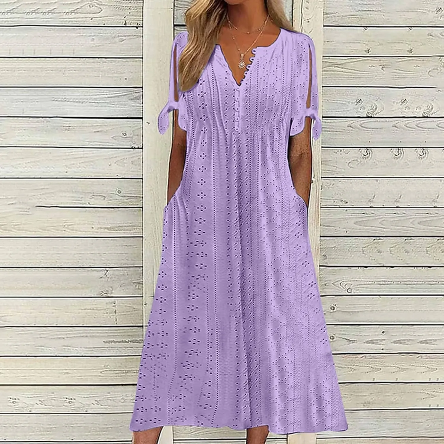 Womens Boho Eyelet Pastel Dress Button V Neck Tie Knot Short Sleeve Flowy Vacation Beach Midi Dresses with Pocket