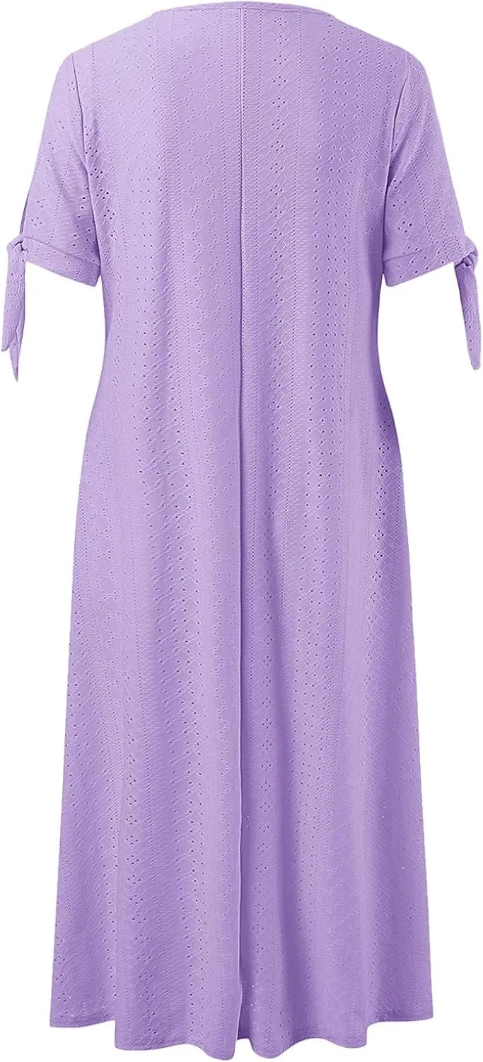Womens Boho Eyelet Pastel Dress Button V Neck Tie Knot Short Sleeve Flowy Vacation Beach Midi Dresses with Pocket