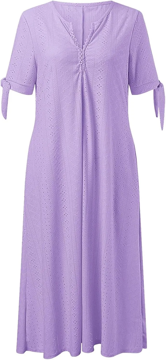 Womens Boho Eyelet Pastel Dress Button V Neck Tie Knot Short Sleeve Flowy Vacation Beach Midi Dresses with Pocket