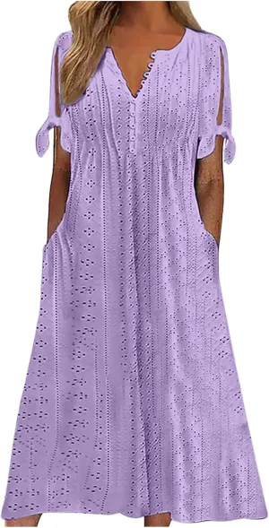 Womens Boho Eyelet Pastel Dress Button V Neck Tie Knot Short Sleeve Flowy Vacation Beach Midi Dresses with Pocket