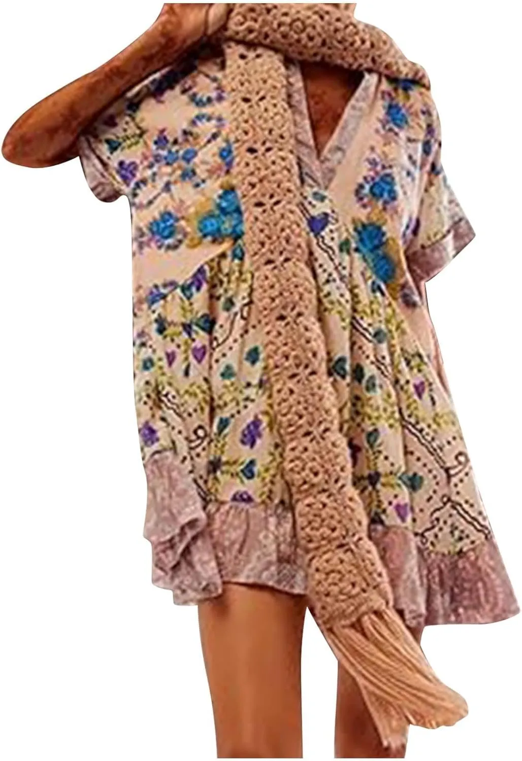 Women's Boho Summer Dresses Deep V Neck Short Sleeve Mini Beach Dress Floral Ruffle Flowy Short Sun Dress