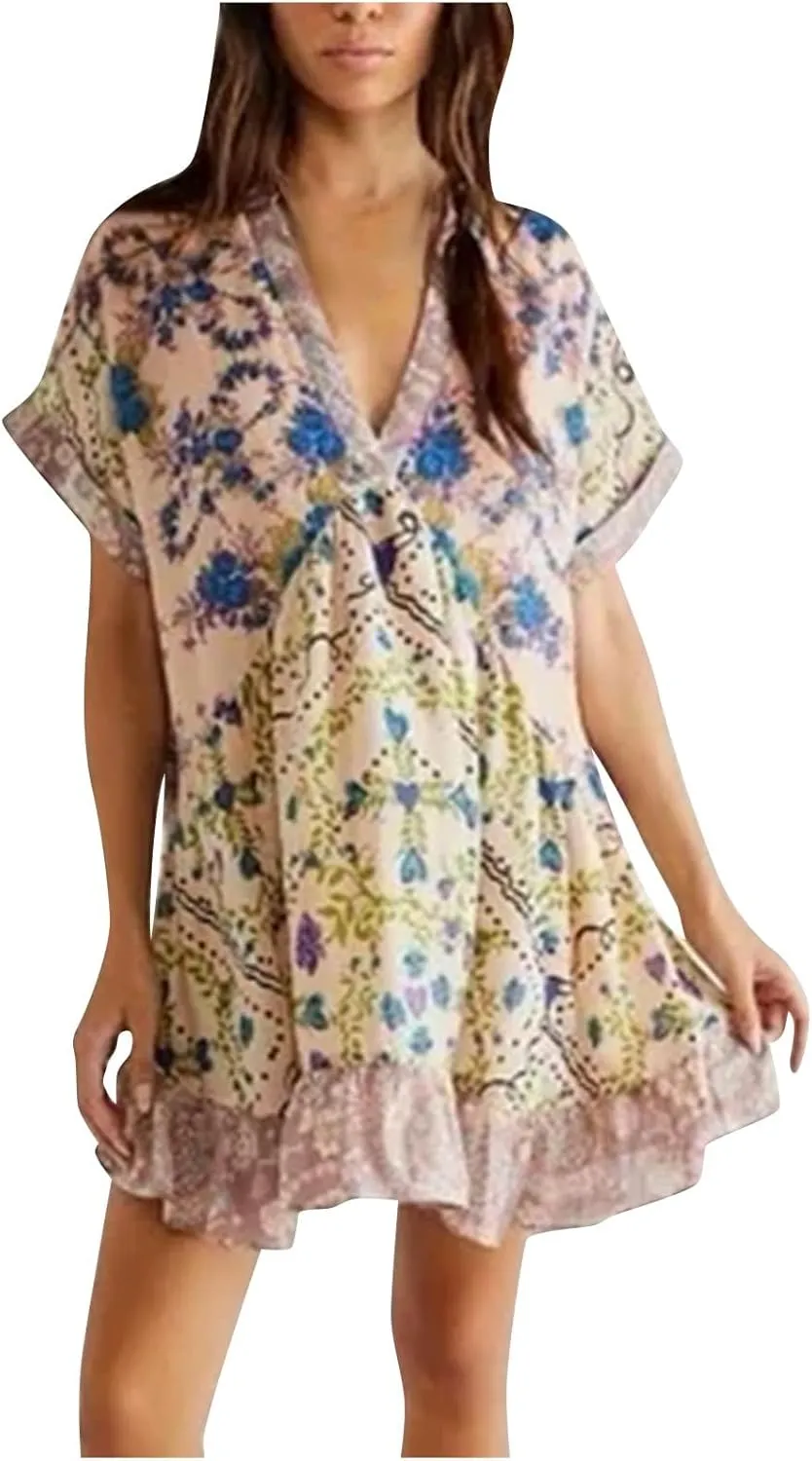 Women's Boho Summer Dresses Deep V Neck Short Sleeve Mini Beach Dress Floral Ruffle Flowy Short Sun Dress