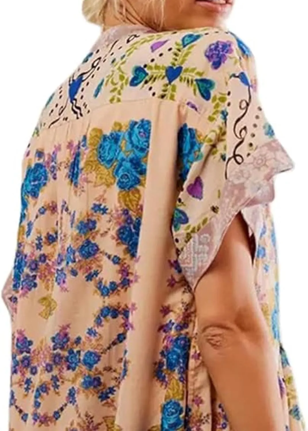 Women's Boho Summer Dresses Deep V Neck Short Sleeve Mini Beach Dress Floral Ruffle Flowy Short Sun Dress