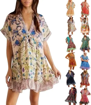 Women's Boho Summer Dresses Deep V Neck Short Sleeve Mini Beach Dress Floral Ruffle Flowy Short Sun Dress
