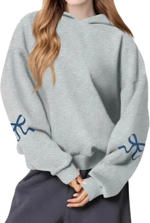 Women's Bow Print Hoodies 2025 Spring Trendy Long Sleeve Sweatshirts Cute Preppy Clothes Casual Graphic Pullover Tops