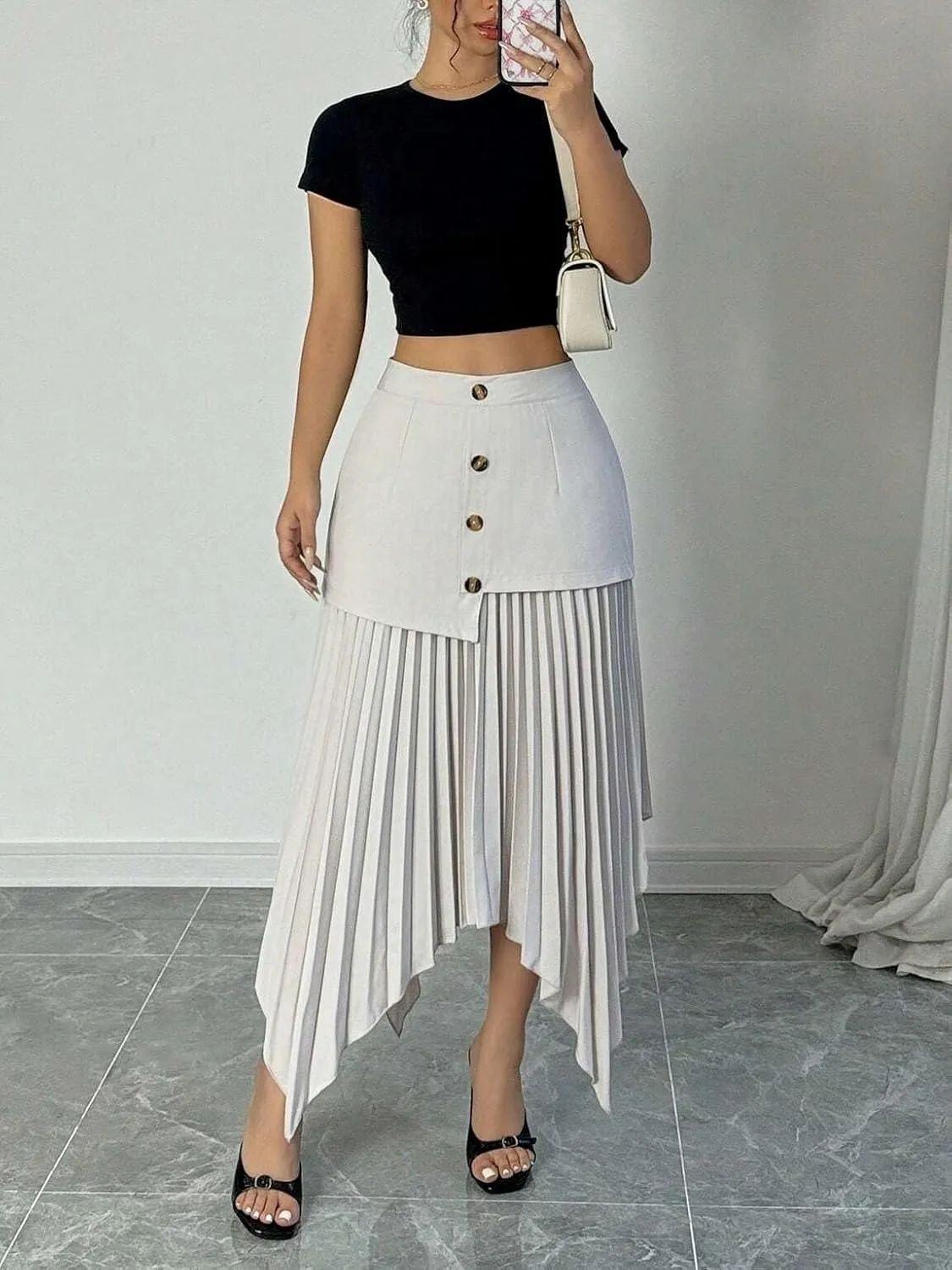 Womens Button Front Asymmetrical Pleated Hem Midi Skirt Knee Length Skirts for Women