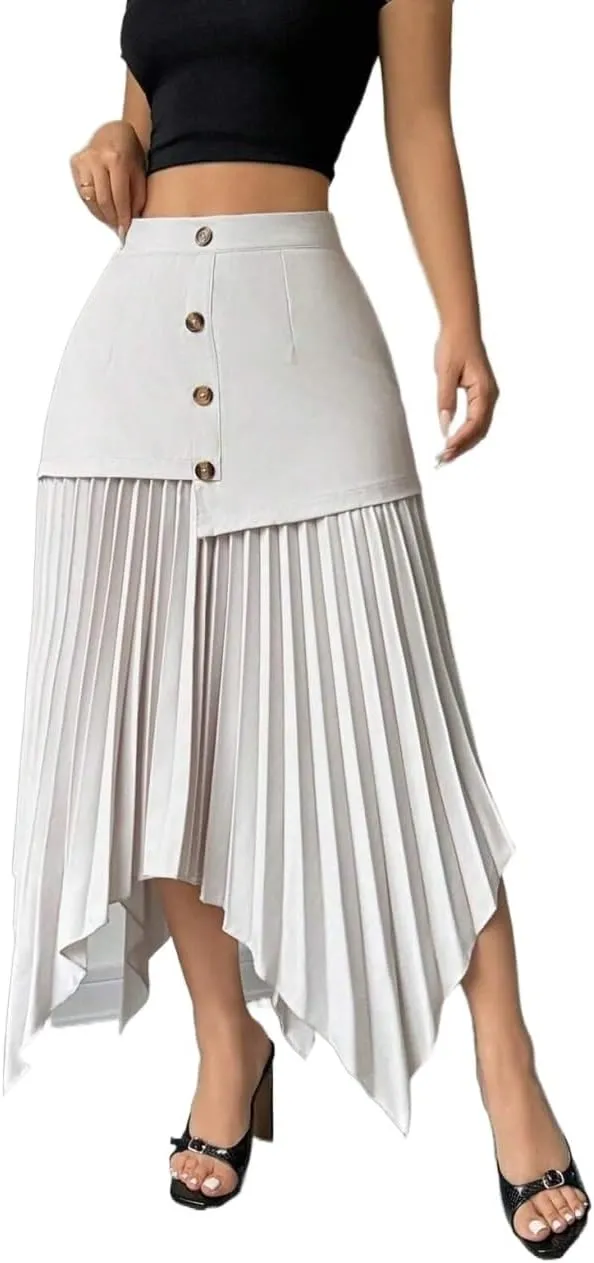Womens Button Front Asymmetrical Pleated Hem Midi Skirt Knee Length Skirts for Women