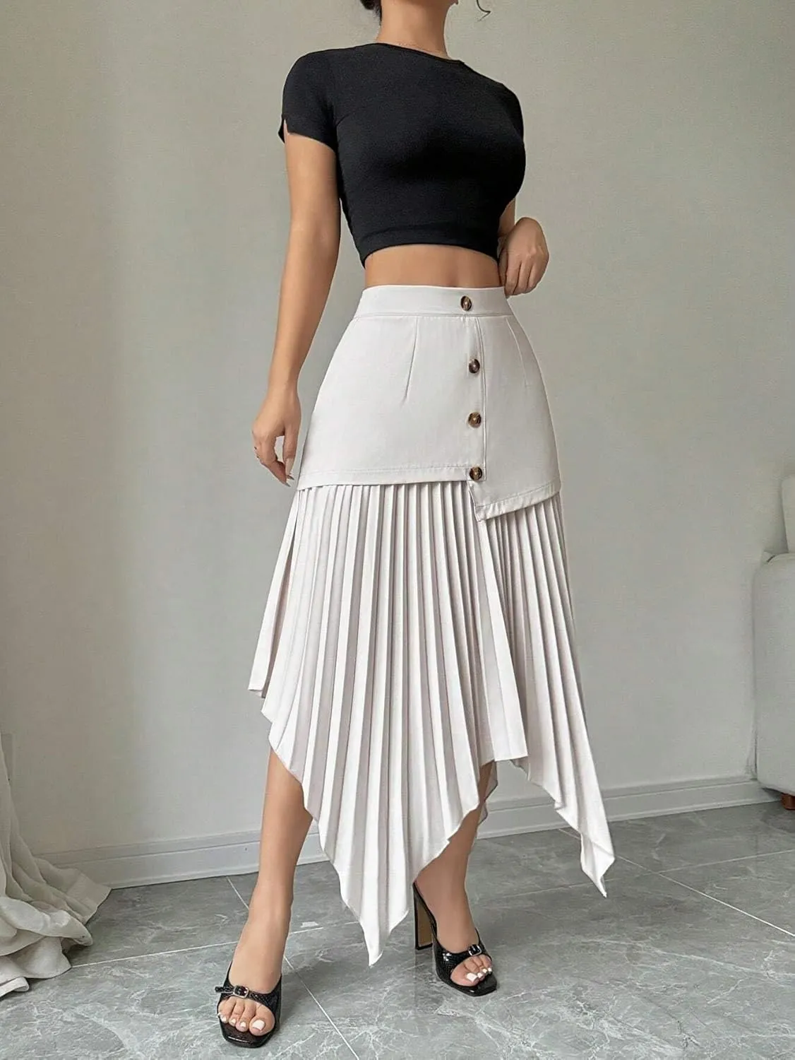 Womens Button Front Asymmetrical Pleated Hem Midi Skirt Knee Length Skirts for Women