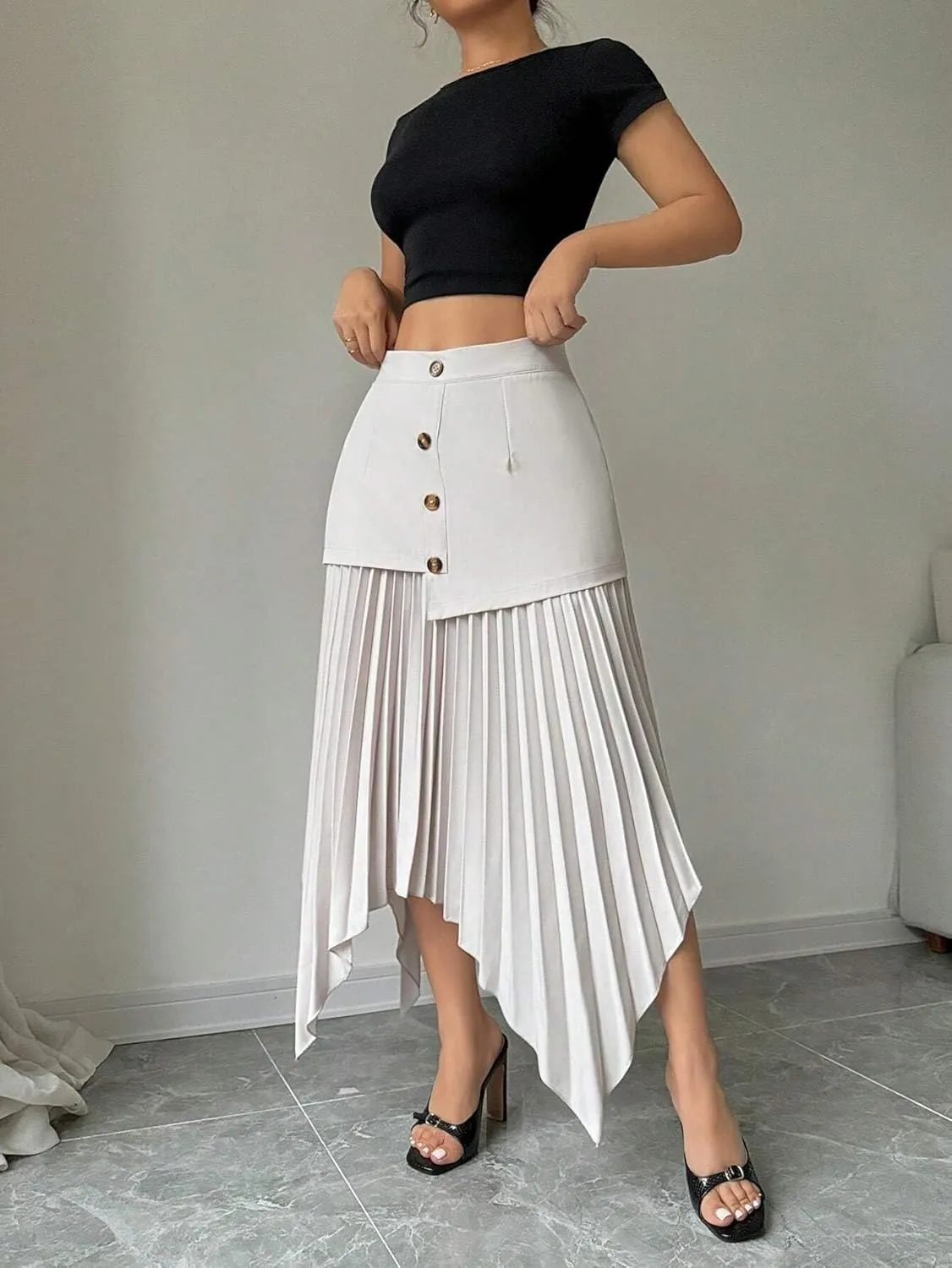 Womens Button Front Asymmetrical Pleated Hem Midi Skirt Knee Length Skirts for Women