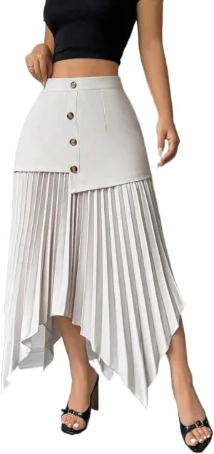 Womens Button Front Asymmetrical Pleated Hem Midi Skirt Knee Length Skirts for Women