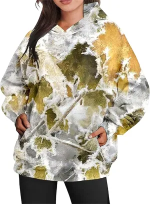 Womens Camo Hoodie Maple-Leaf Print Oversized Sweatshirt Fleece Hooded Pullover Long Sleeve Tunic Tops Fall Clothes