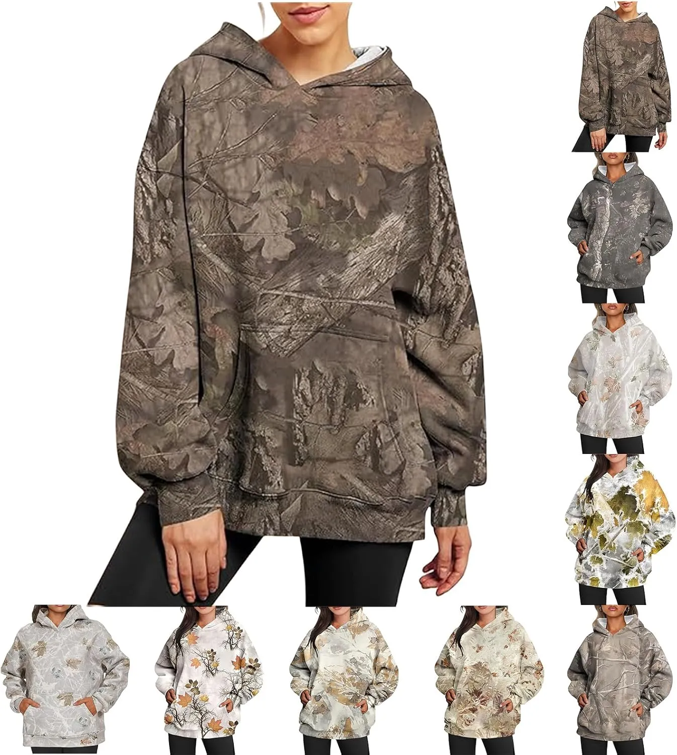 Womens Camo Hoodie Maple-Leaf Print Oversized Sweatshirt Fleece Hooded Pullover Long Sleeve Tunic Tops Fall Clothes