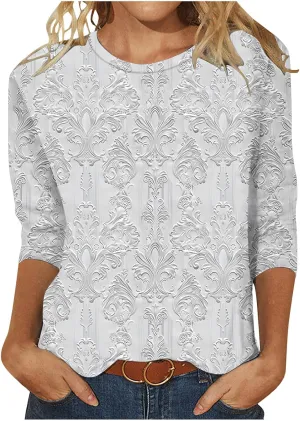 Women's Casual 3/4 Sleeve T-Shirts Round Neck Cute Tunic Tops Basic Tees Blouses Loose Fit Pullover Summer