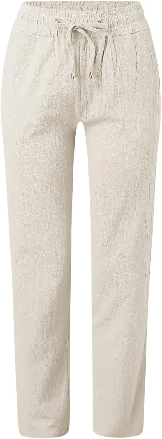 Womens Casual Cotton Linen Pants Lightweight Summer Relax Fit Elastic Waist Solid Lounge Long Trousers Beach Clothes