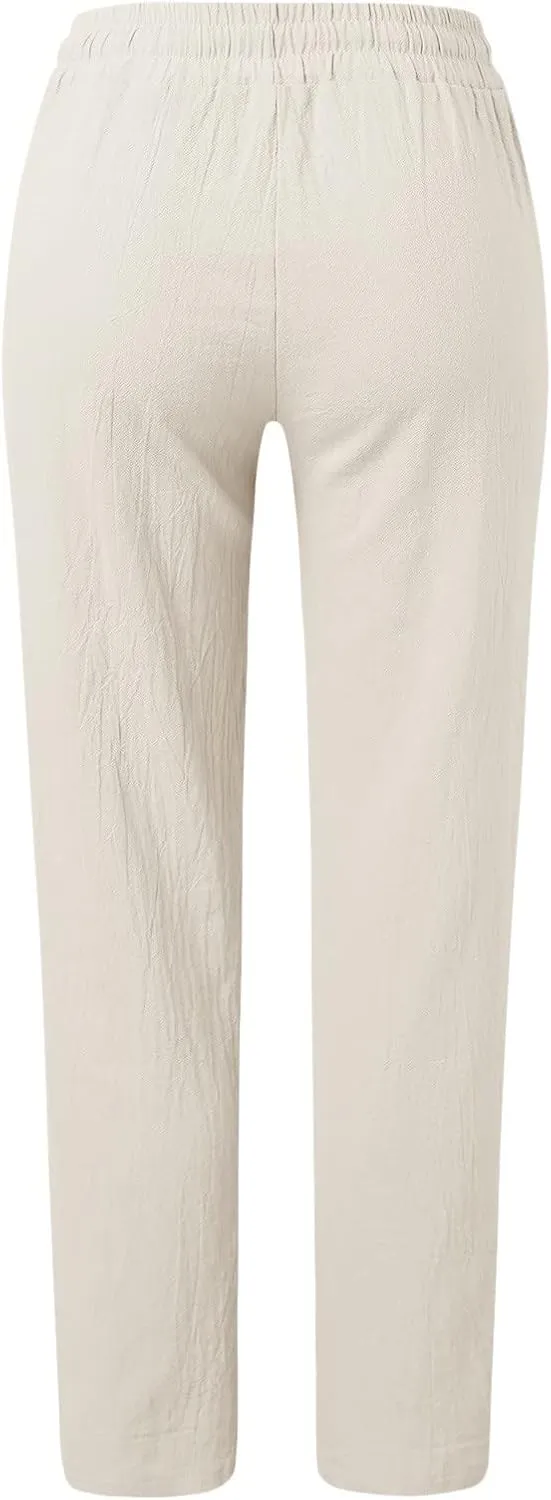 Womens Casual Cotton Linen Pants Lightweight Summer Relax Fit Elastic Waist Solid Lounge Long Trousers Beach Clothes