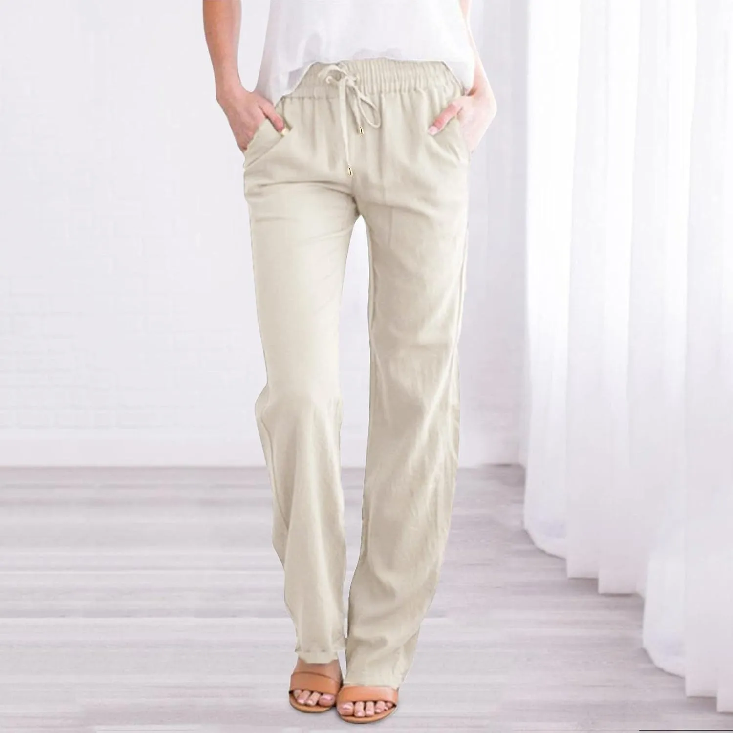 Womens Casual Cotton Linen Pants Lightweight Summer Relax Fit Elastic Waist Solid Lounge Long Trousers Beach Clothes