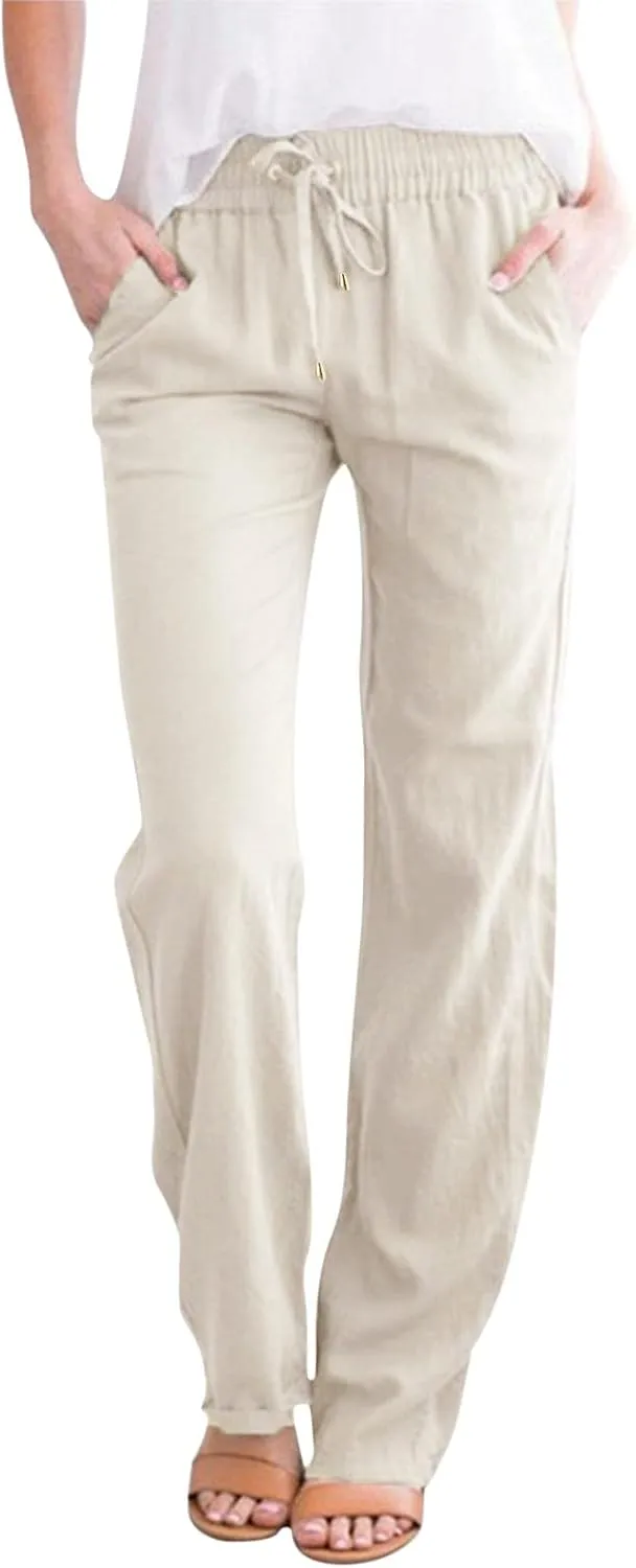 Womens Casual Cotton Linen Pants Lightweight Summer Relax Fit Elastic Waist Solid Lounge Long Trousers Beach Clothes