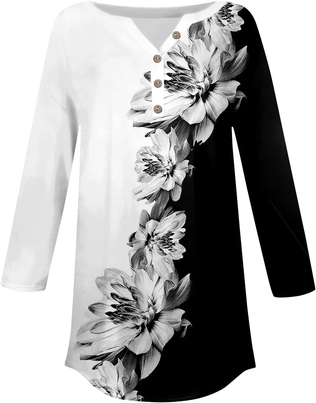Women's Casual Floral Print Henley Blouse with 3/4 Sleeves, Button Front Loose Fit for Spring and Summer