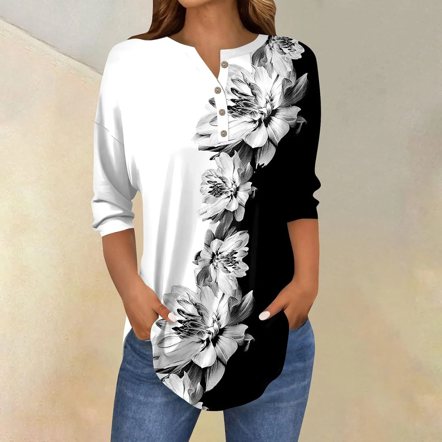 Women's Casual Floral Print Henley Blouse with 3/4 Sleeves, Button Front Loose Fit for Spring and Summer