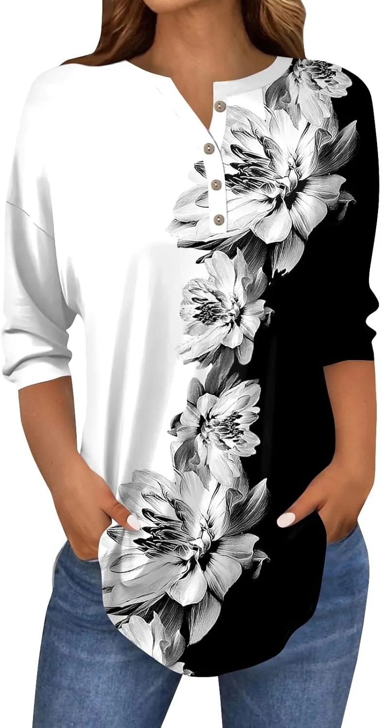 Women's Casual Floral Print Henley Blouse with 3/4 Sleeves, Button Front Loose Fit for Spring and Summer