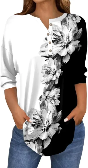 Women's Casual Floral Print Henley Blouse with 3/4 Sleeves, Button Front Loose Fit for Spring and Summer