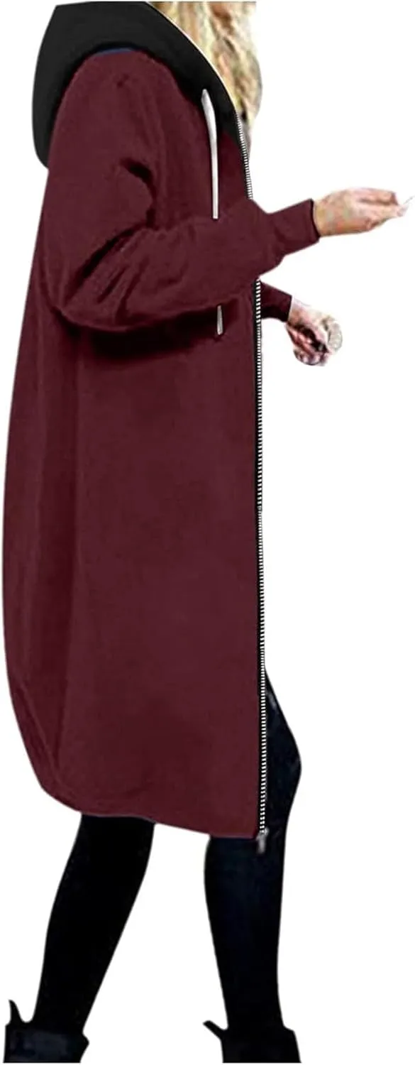 Womens Casual Full Zip Up Hoodie Long Sleeve Hooded Long Sweatshirt Comfortable Casual Pockets Tunic Jacket