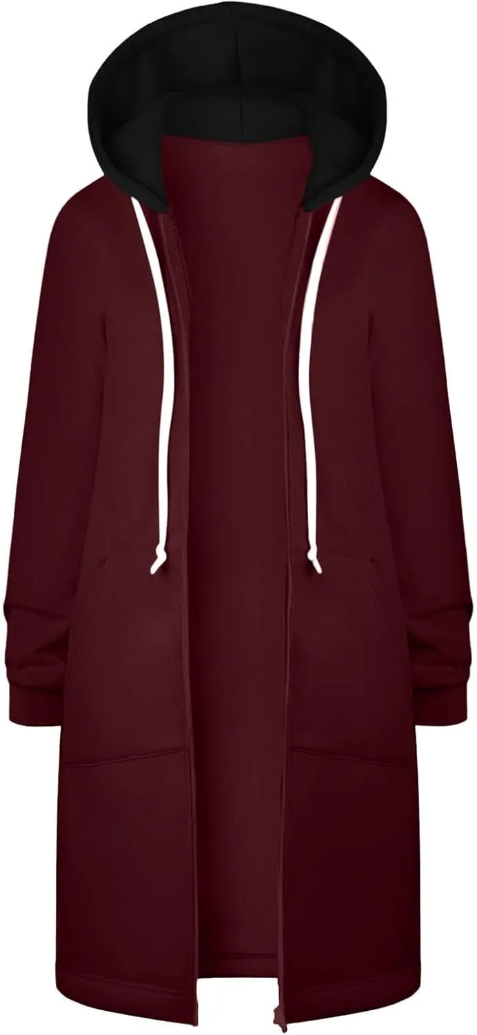 Womens Casual Full Zip Up Hoodie Long Sleeve Hooded Long Sweatshirt Comfortable Casual Pockets Tunic Jacket