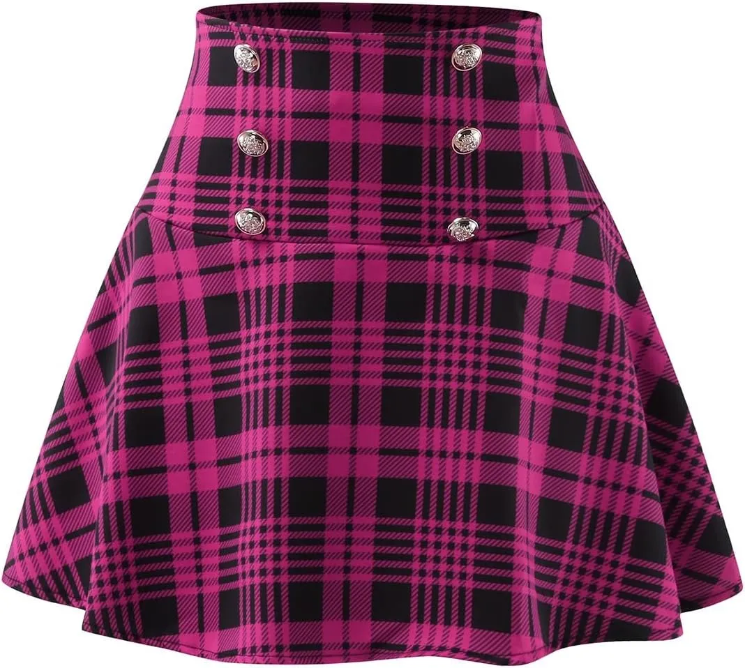Women's Casual High Waist Plaid A Line Pleated Mini Skirt Comfy Casual Stretchy Band Skater School Skirt (Hot Pink, XL)