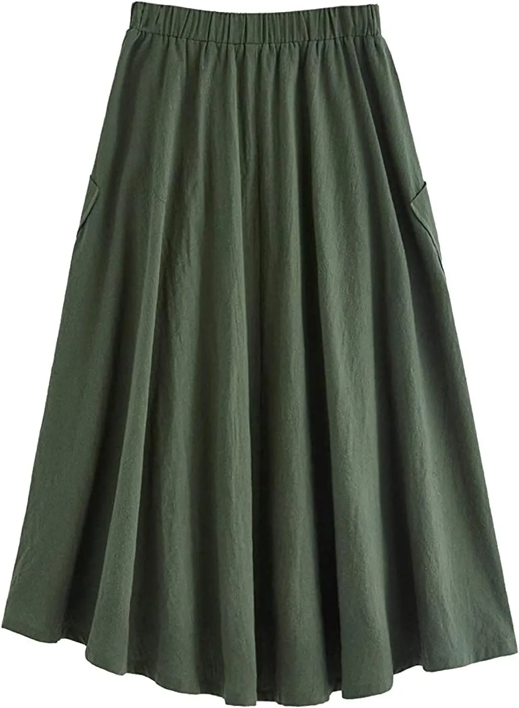 Women's Casual High Waist Pleated A Line Midi Skirt with Pocket Drawstring Elastic Waist Cotton Linen Skirts