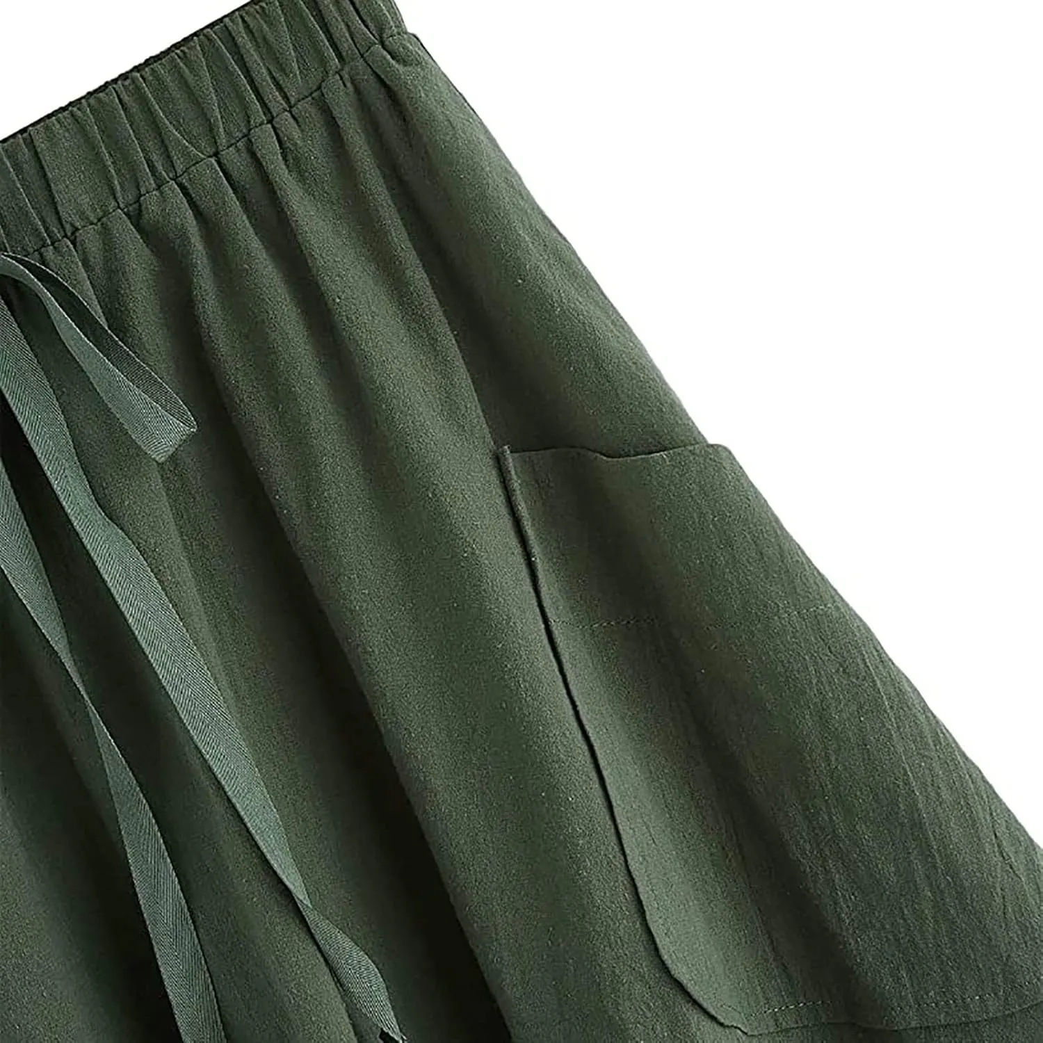 Women's Casual High Waist Pleated A Line Midi Skirt with Pocket Drawstring Elastic Waist Cotton Linen Skirts